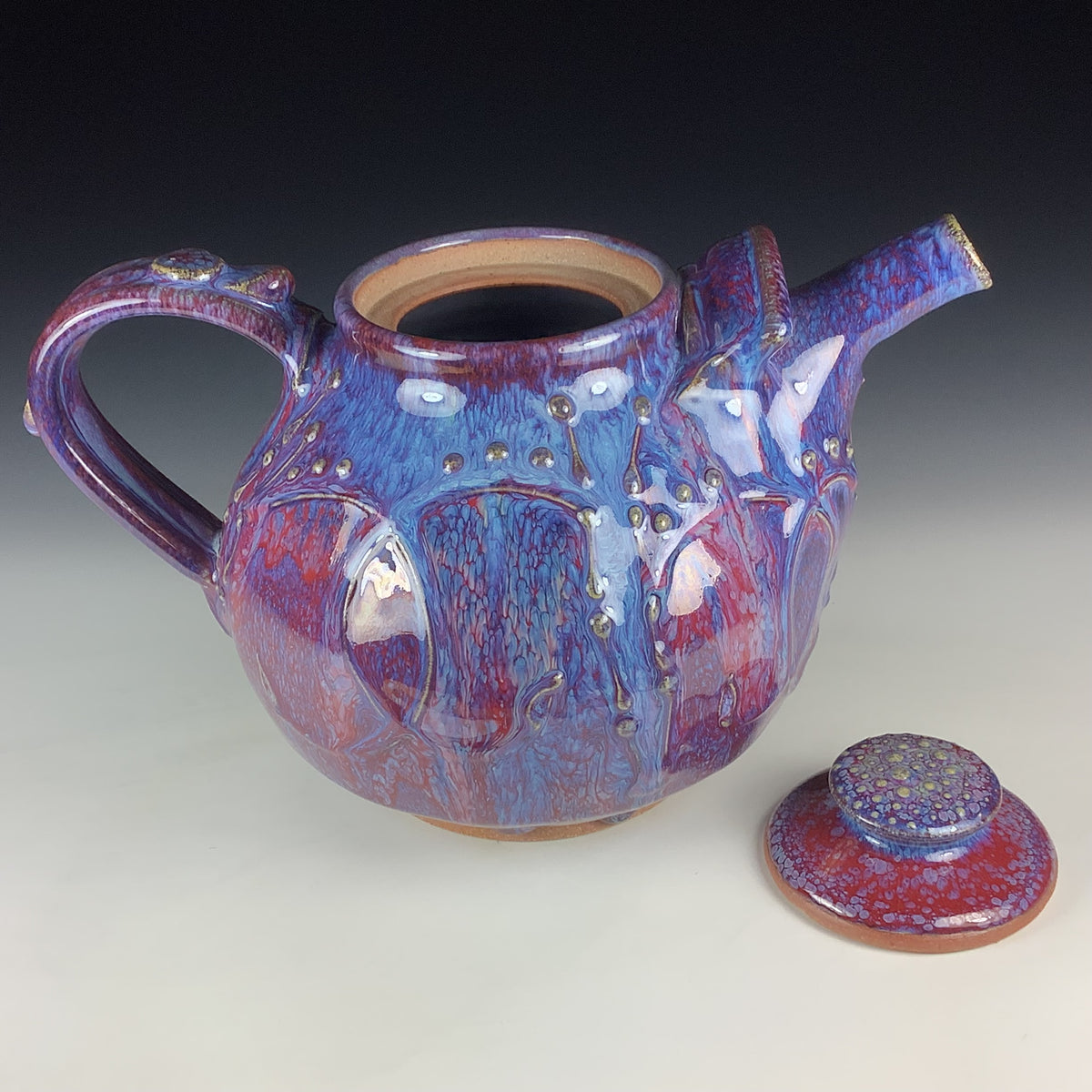 Handmade Ceramic Teapot: Purple Red Glaze, Slip Trailed Bamboo Stoneware