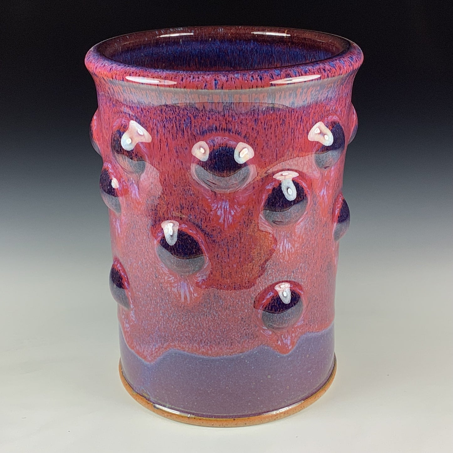 Handmade Stoneware Utensil Holder: Purple Red Glaze Bump Pottery Vase - Item 4099