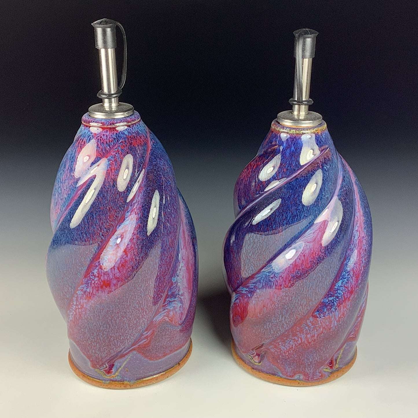 Handmade Ceramic Olive Oil Dispensers, Set of Two: Purple Red Twisty Stoneware Cruet - Item 3955