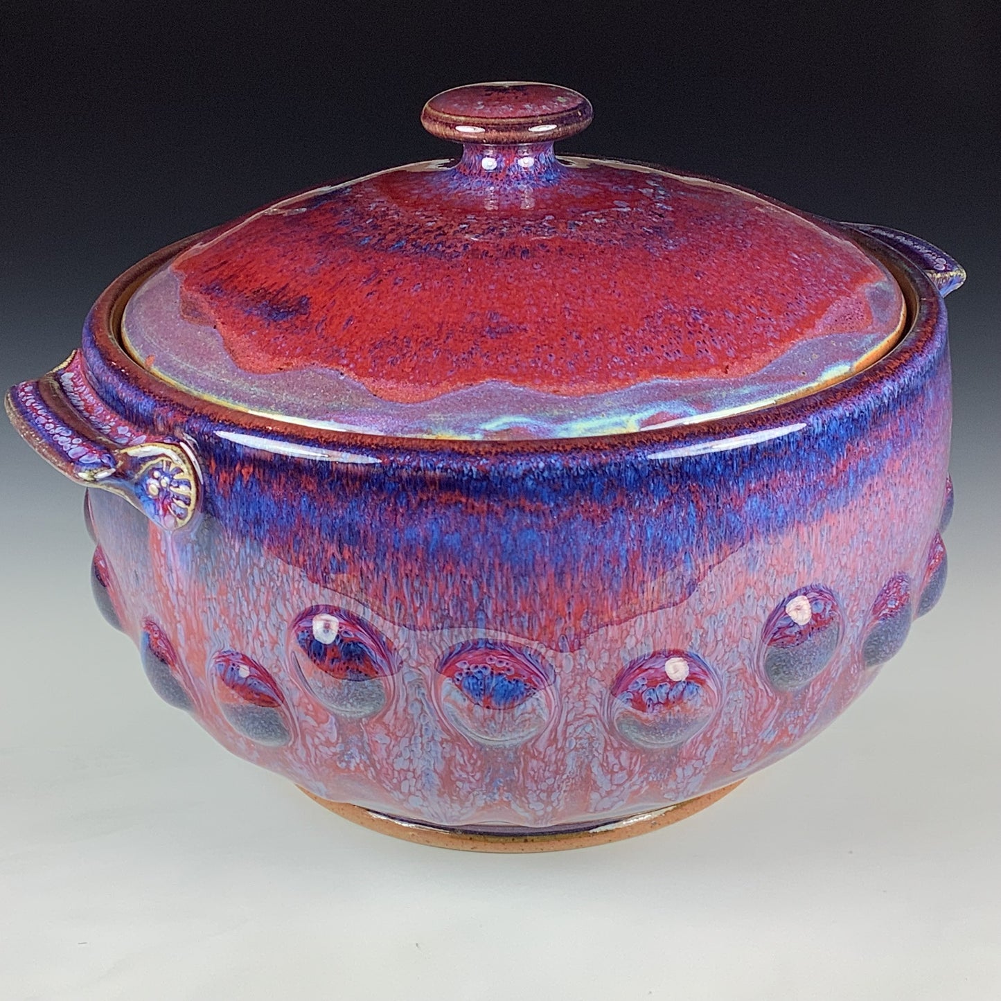 Handmade Stoneware Lidded Vessel: Red Purple Bump Jar - Item 4085