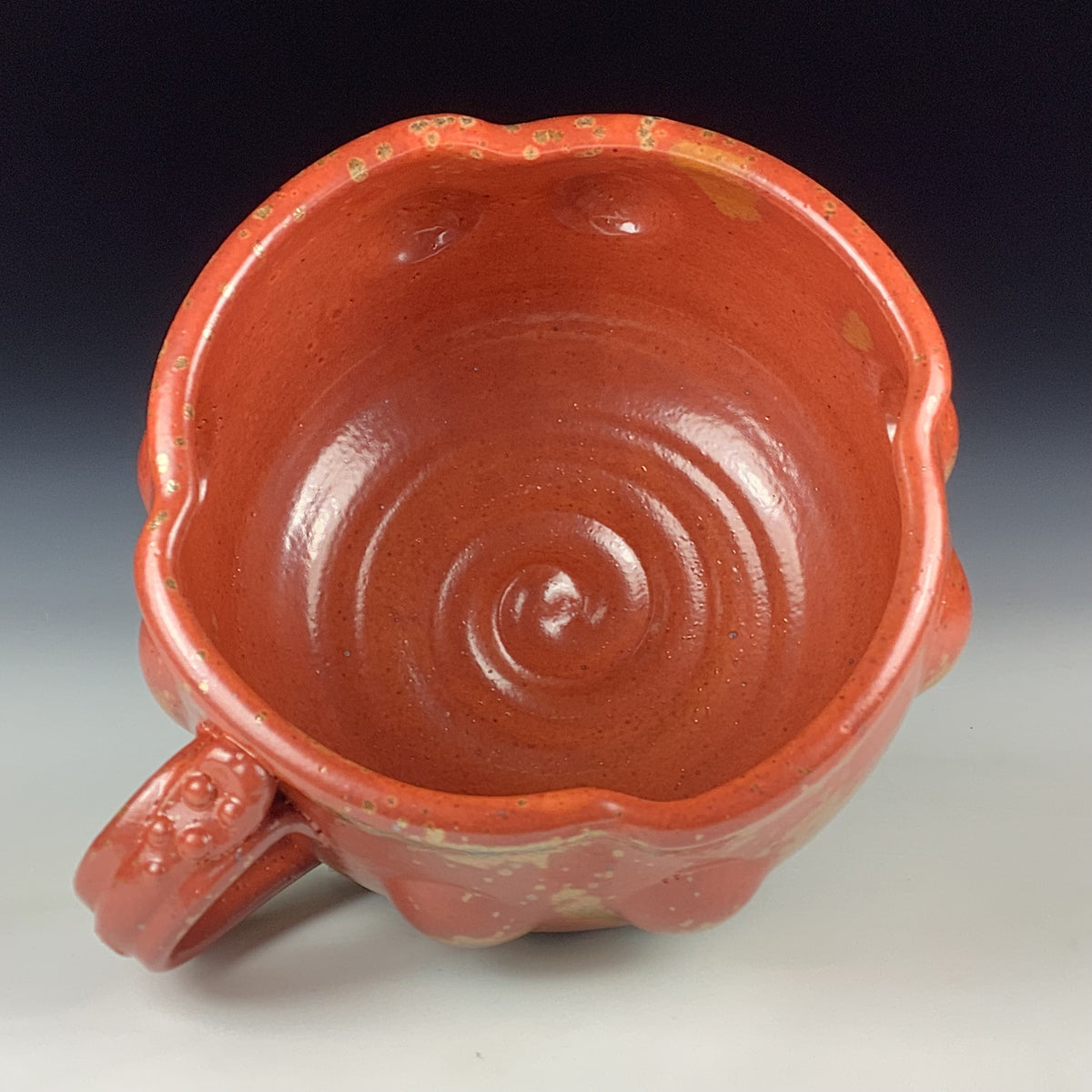 Handmade Ceramic Pottery Bowl with Handle, Orange Shino Bump Glaze