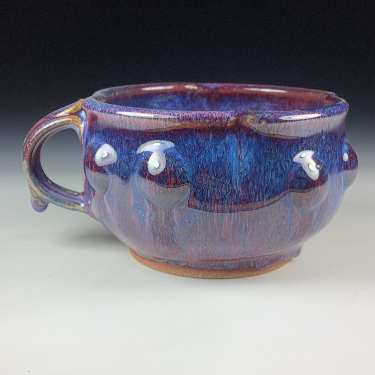 Handmade Ceramic Pottery Bowl with Handle, Red Purple Bump Glaze