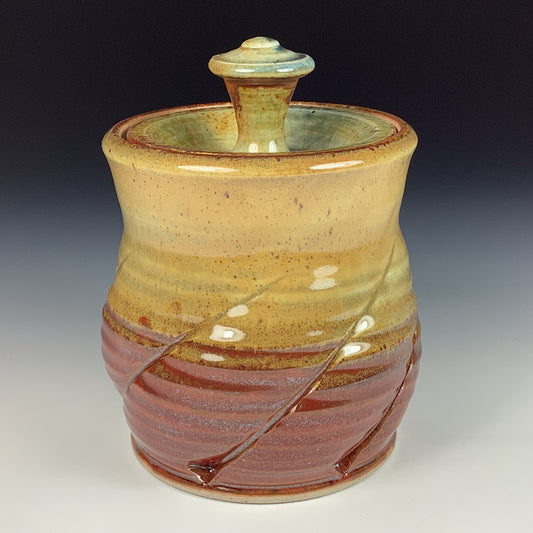 Handmade stoneware art ceramic pottery sugar jar - iron red with white ash twist item  3888