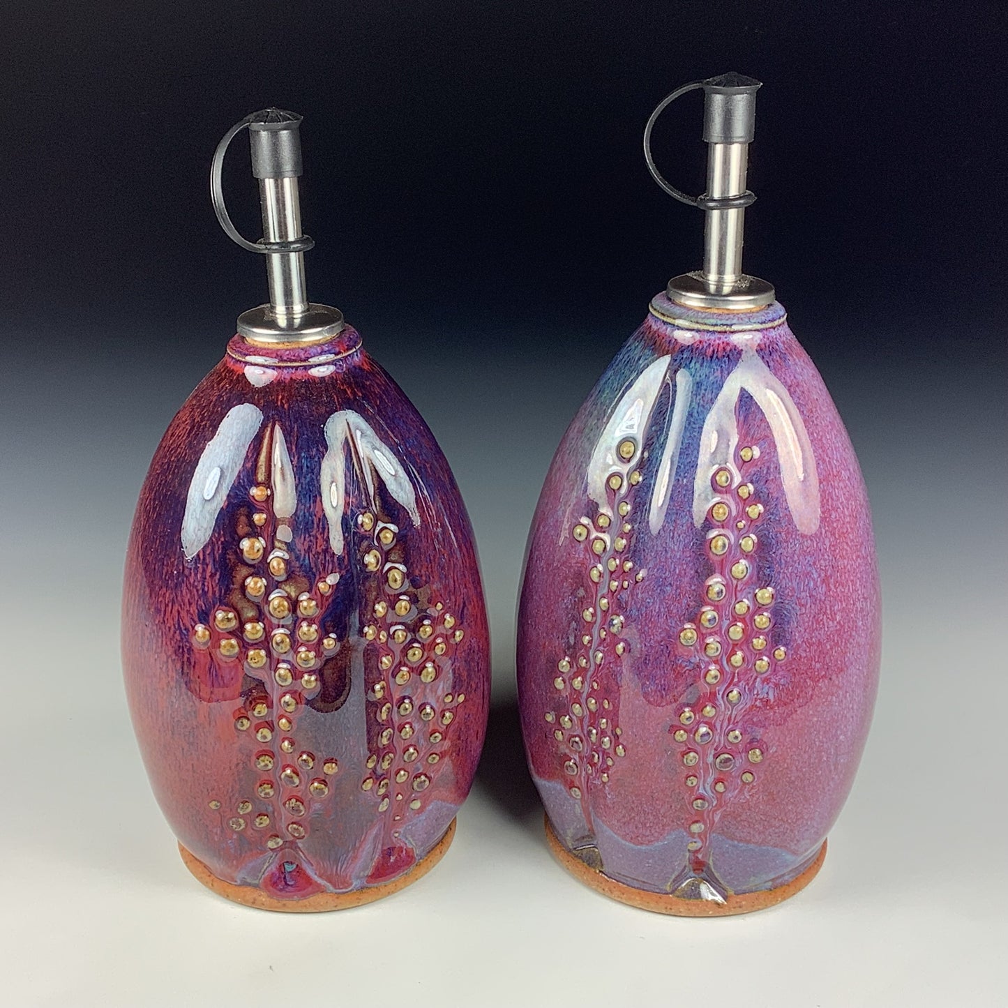Handmade Ceramic Olive Oil Dispensers, Set of Two: Purple Red Slip Dotted Stoneware Cruet- Item 3948