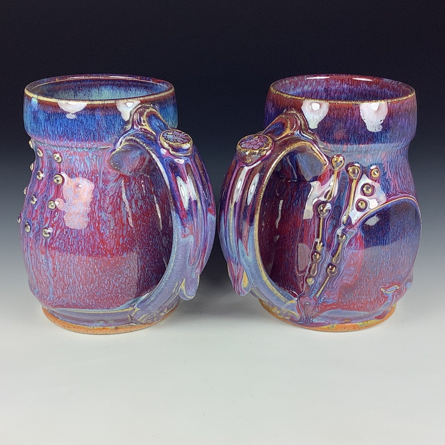 Handmade Ceramic Coffee Mug Set, Purple Red Glaze, Bamboo Bump Slip-Dotted Stoneware, Set of Two - Item 3946