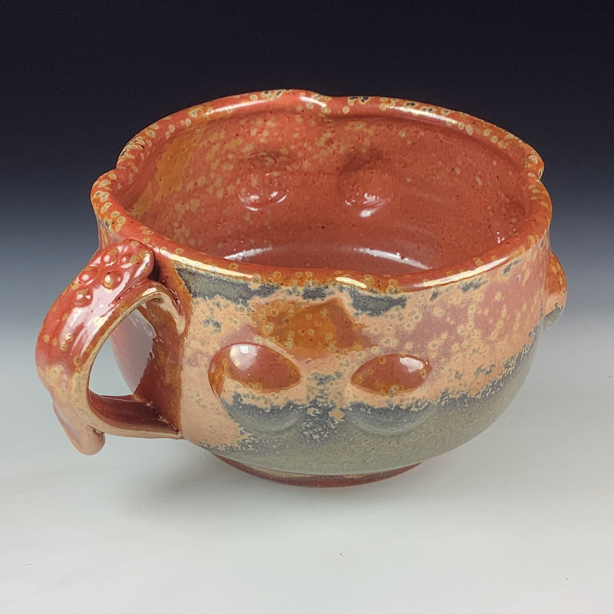 Handmade Ceramic Pottery Bowl with Handle, Orange Shino Bump Glaze