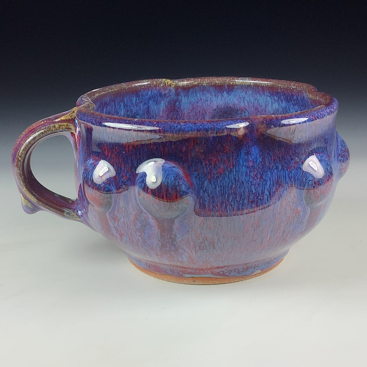 Handmade Ceramic Pottery Bowl with Handle, Red Purple Bump Glaze