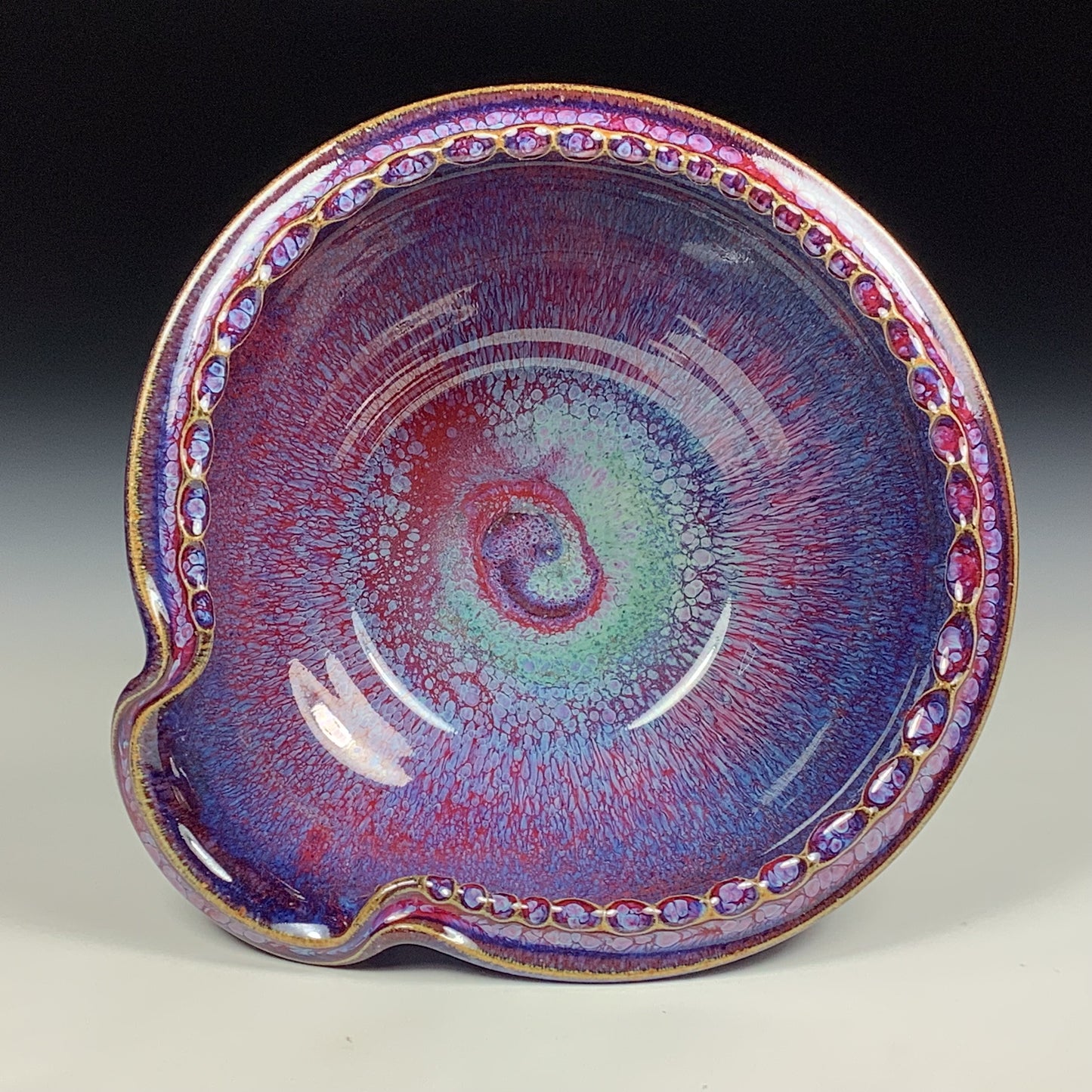 Handmade ceramic deep spoon rest stoneware pottery kitchenware - Purple red dotted rim item 3877