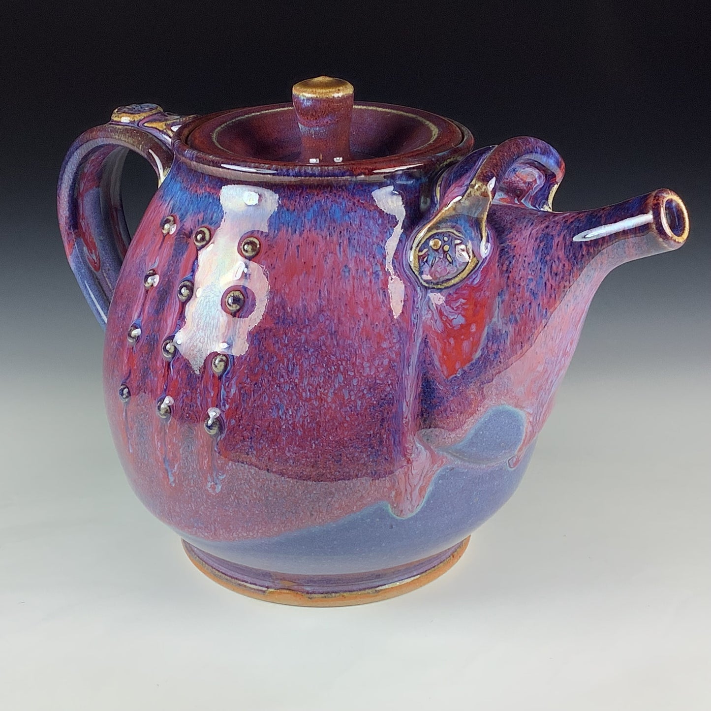 Handmade Ceramic Teapot: Purple Red Glaze, Slip Trailed Dotted Stoneware - Item 4088
