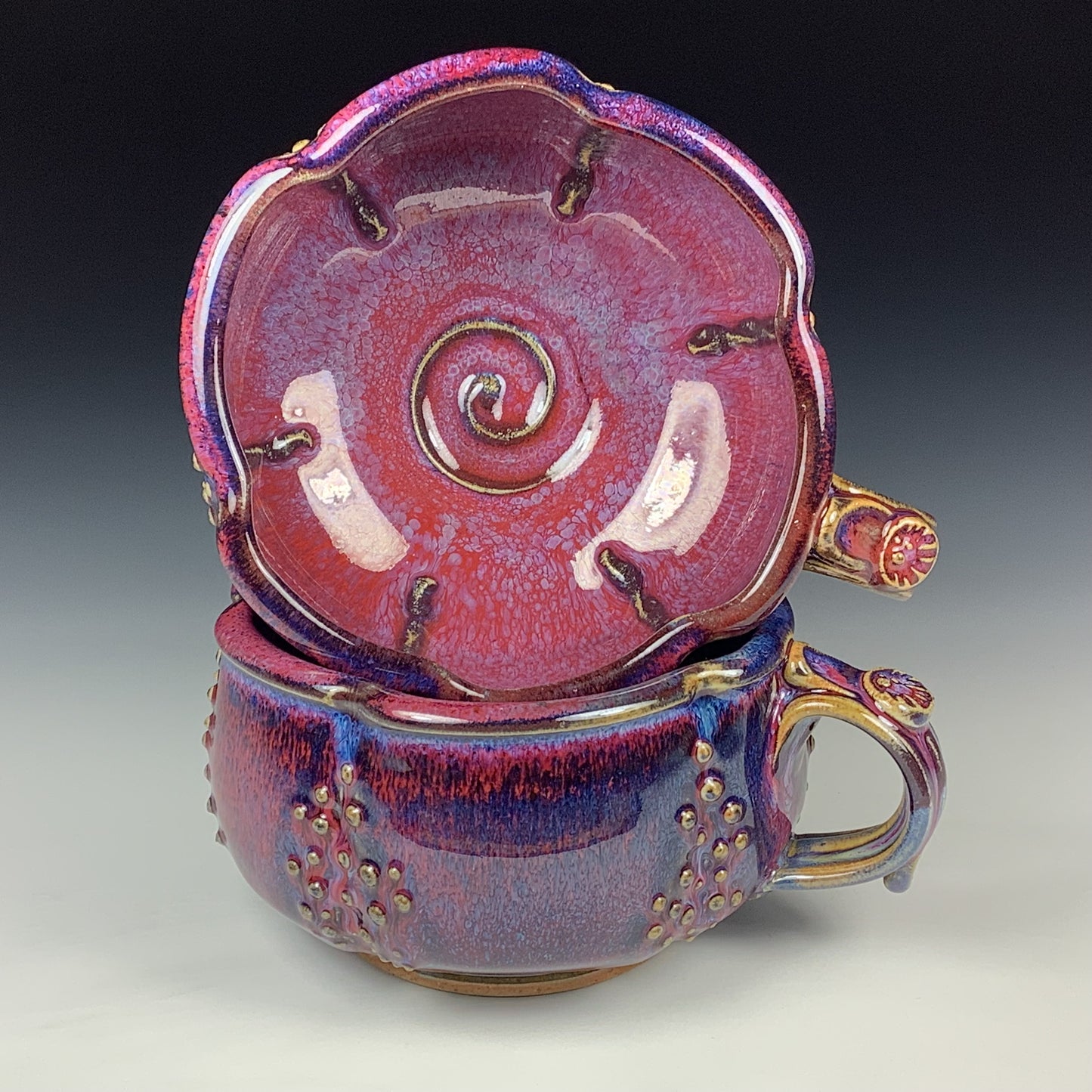 Handmade Ceramic Pottery Bowls with Handles, Set of Two, Slip Dotted Red Purple Glaze - Item 4006