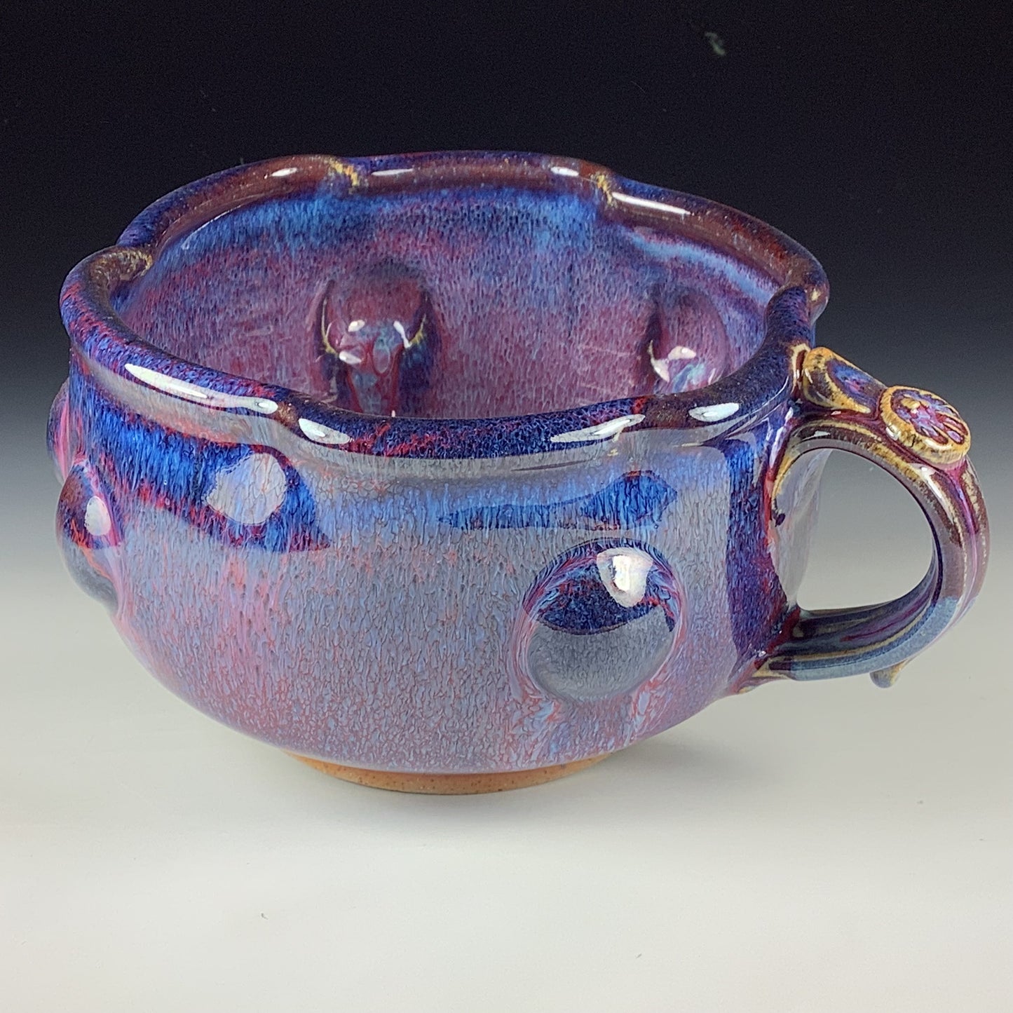 Handmade Ceramic Pottery Bowl with Handle, Red Purple Bump Glaze