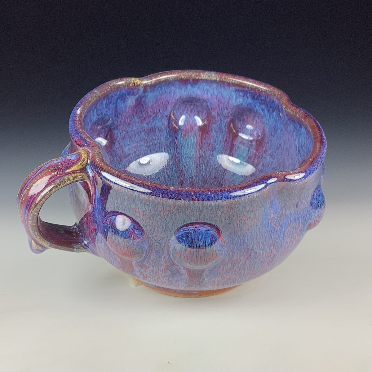Handmade Ceramic Pottery Bowl with Handle, Red Purple Bump Glaze