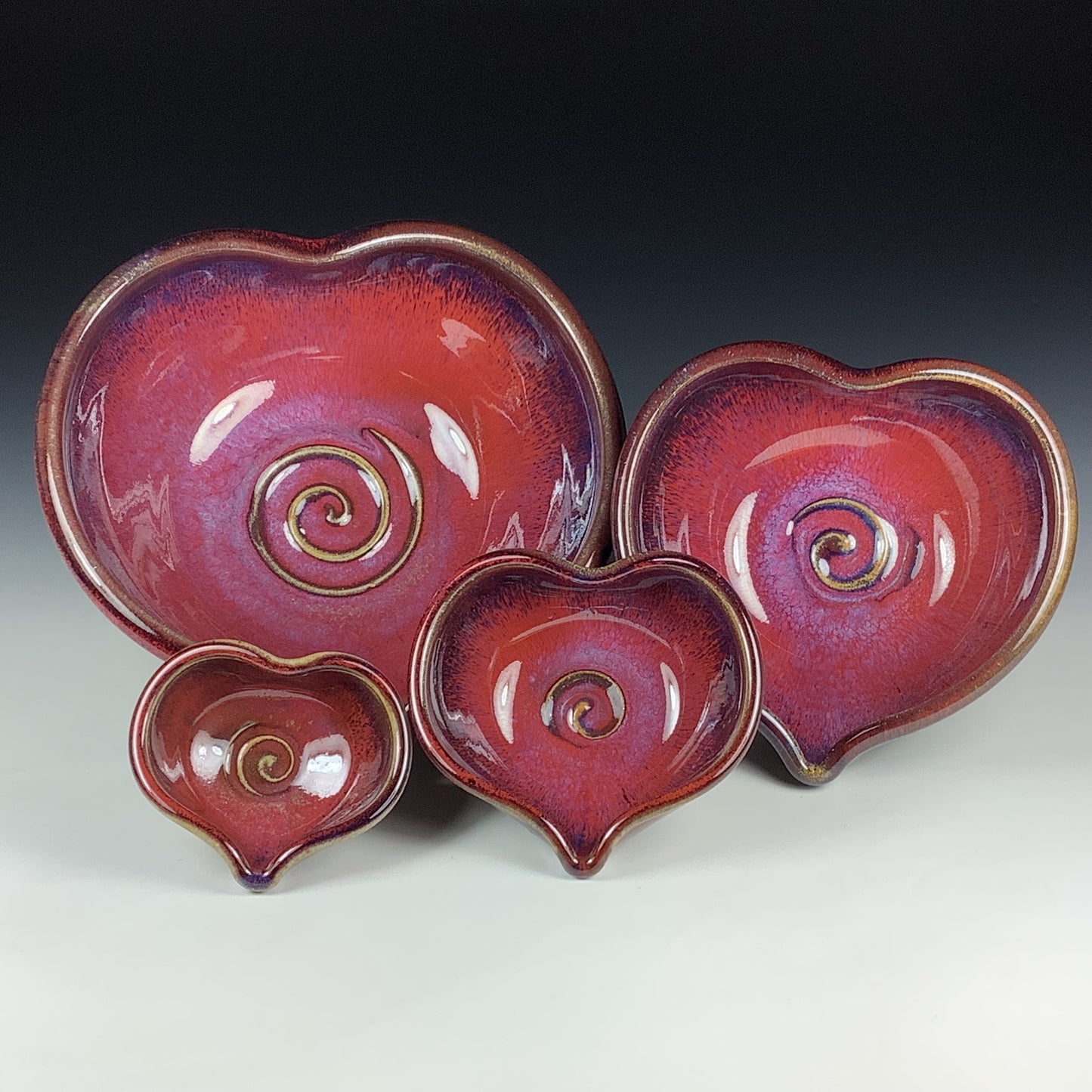 Handmade Ceramic Heart-Shaped Nesting Bowl Set of 4, Red Purple Glaze - Item 4015