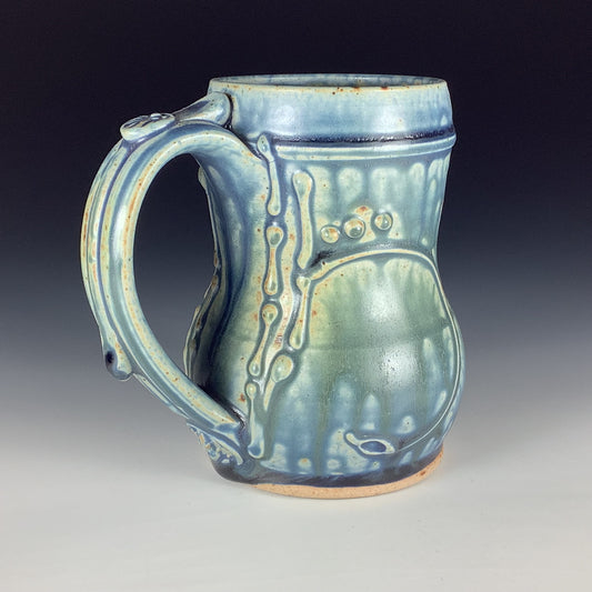Handmade Stoneware Coffee Mug: Ash Blue Glaze, Slip-Dotted Bamboo