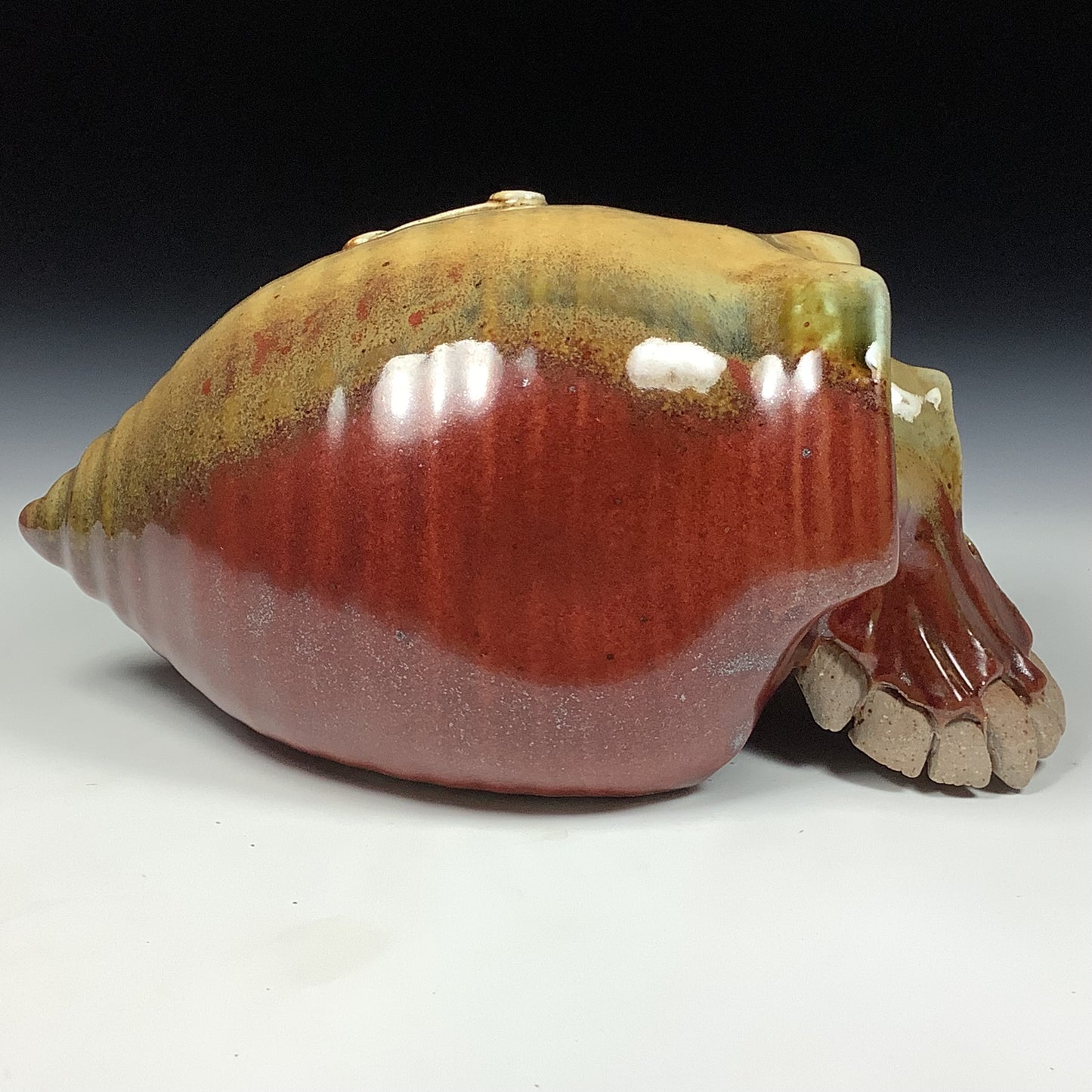 Handmade stoneware art abstract ceramic sculptures pottery decoration skull - Iron red with white ash wheel thrown enclosed form altered skull sculpture - item 3828