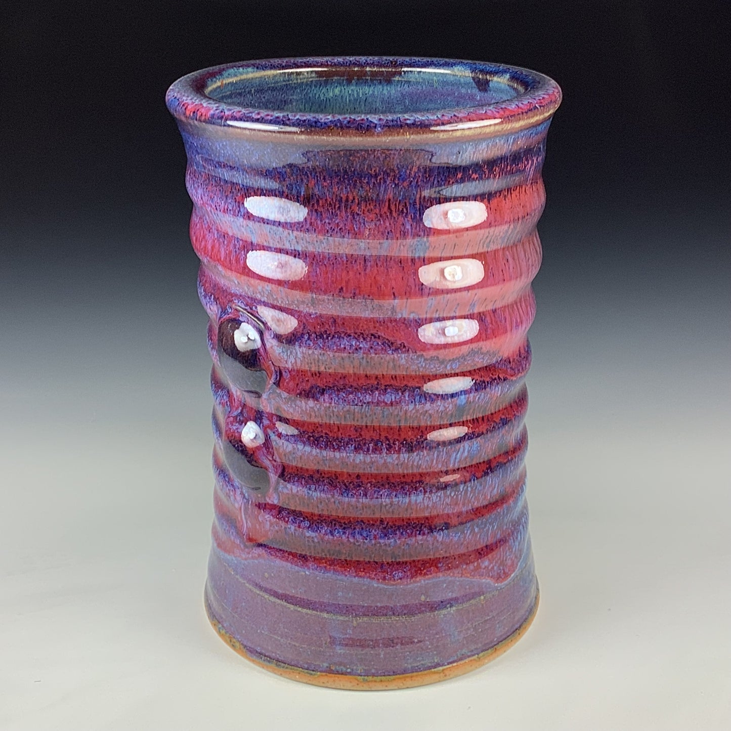 Handmade Stoneware Utensil Holder: Purple Red Flashed Glaze Bump Pottery Vase - Item 4106