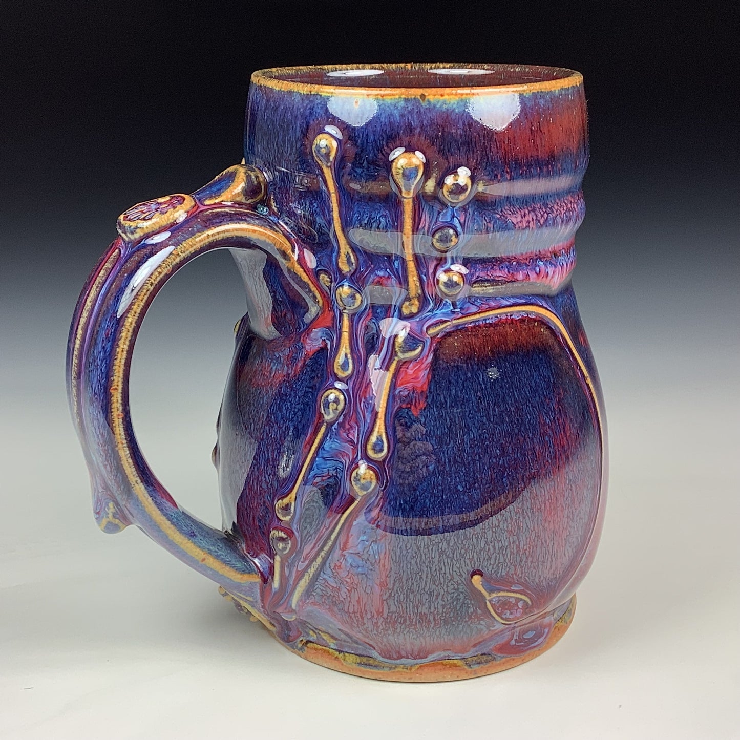 Handmade Stoneware Coffee Mug: Red Purple Glaze, Slip-Dotted Bamboo - Mug 3975