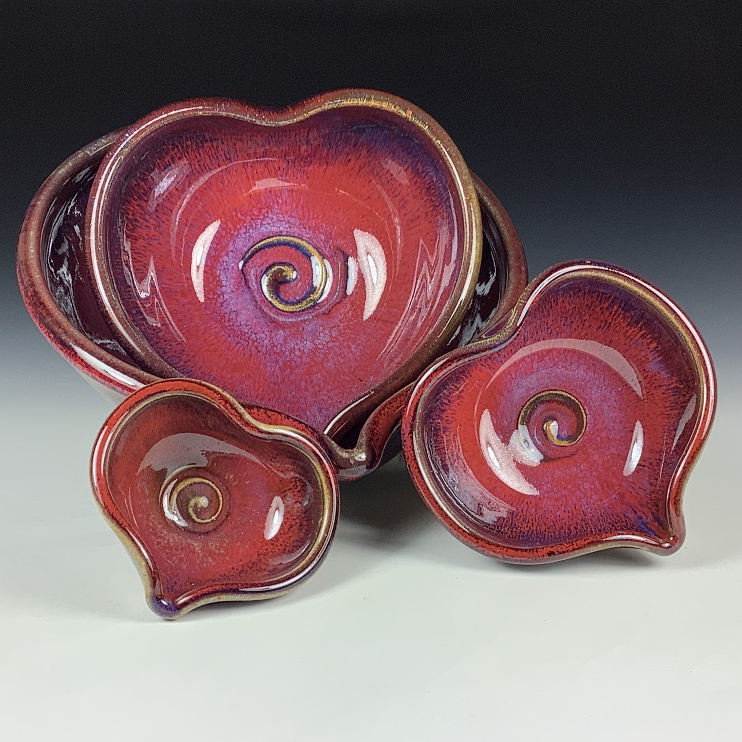 Handmade Ceramic Heart-Shaped Nesting Bowl Set of 4, Red Purple Glaze - Item 4015