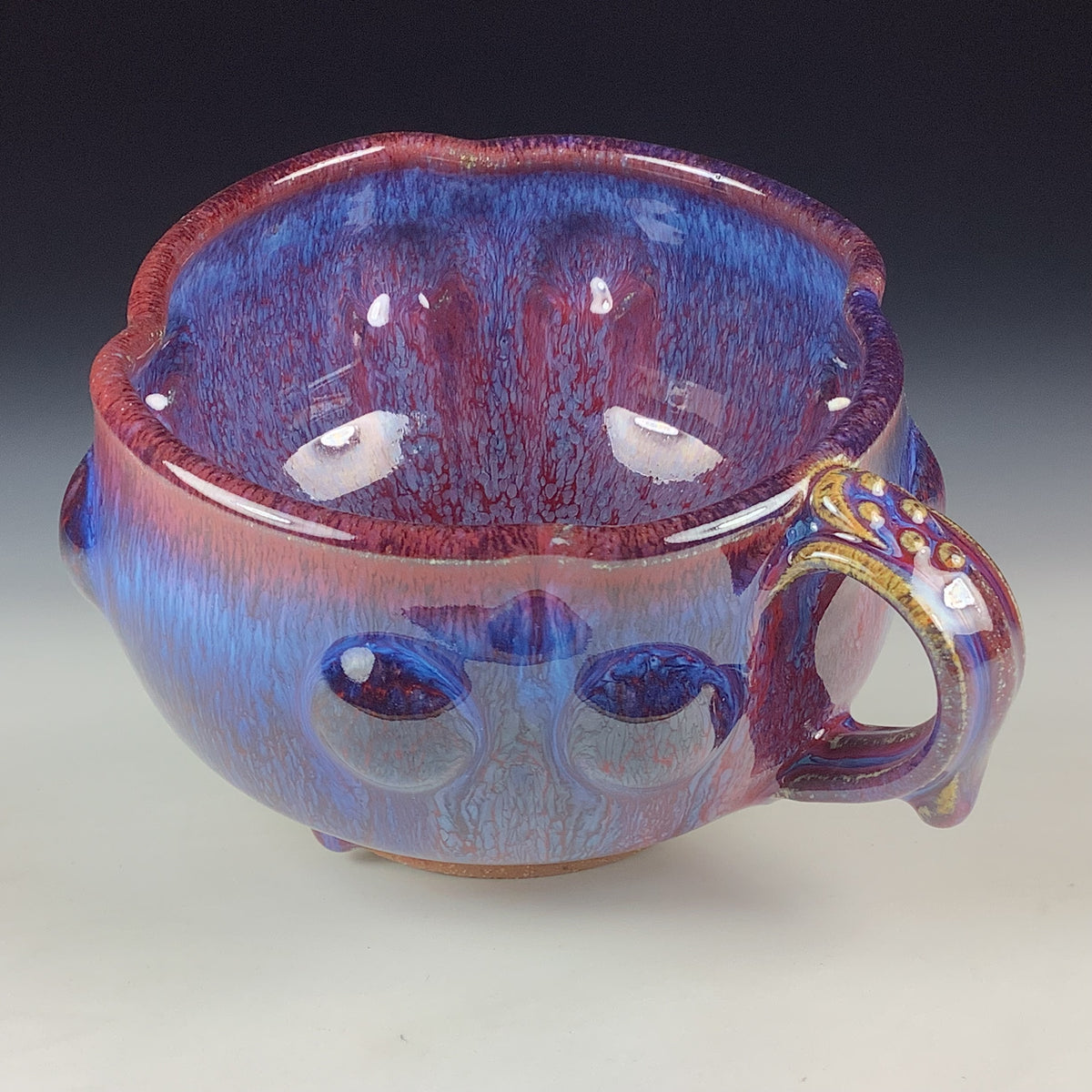 Handmade Ceramic Pottery Bowl with Handle, Red Purple Bump Glaze