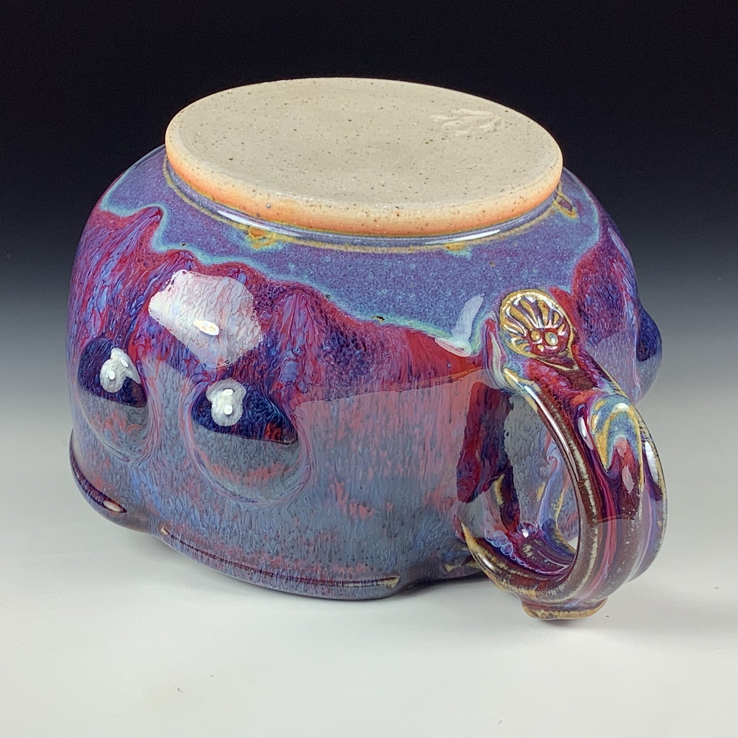 Handmade Ceramic Pottery Bowl with Handle, Red Purple Bump Glaze