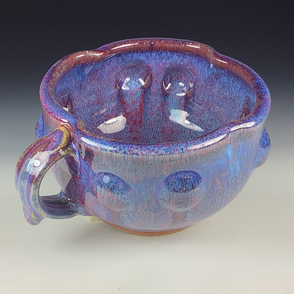Handmade Ceramic Pottery Bowl with Handle, Red Purple Bump Glaze