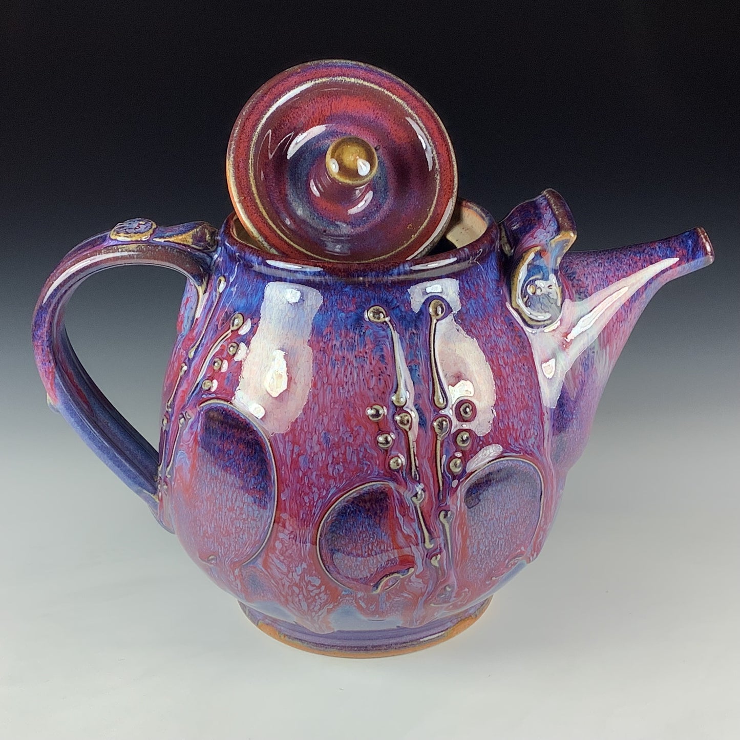 Handmade Ceramic Teapot: Purple Red Glaze, Slip Trailed Bamboo Stoneware - Item 4089