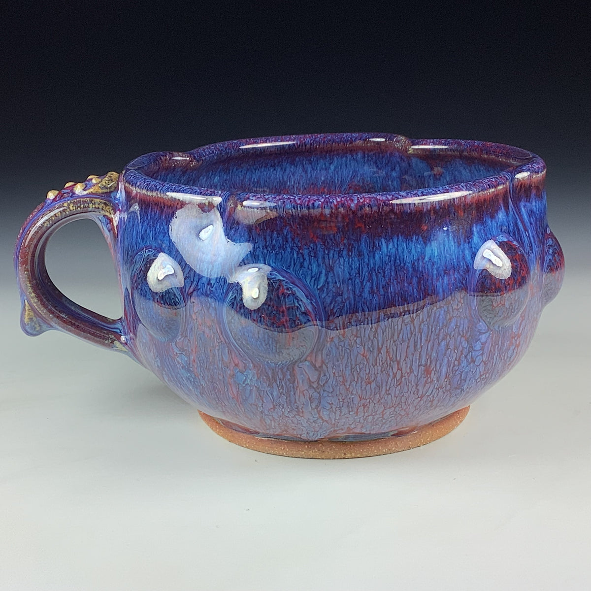 Handmade Ceramic Pottery Bowl with Handle, Red Purple Bump Glaze