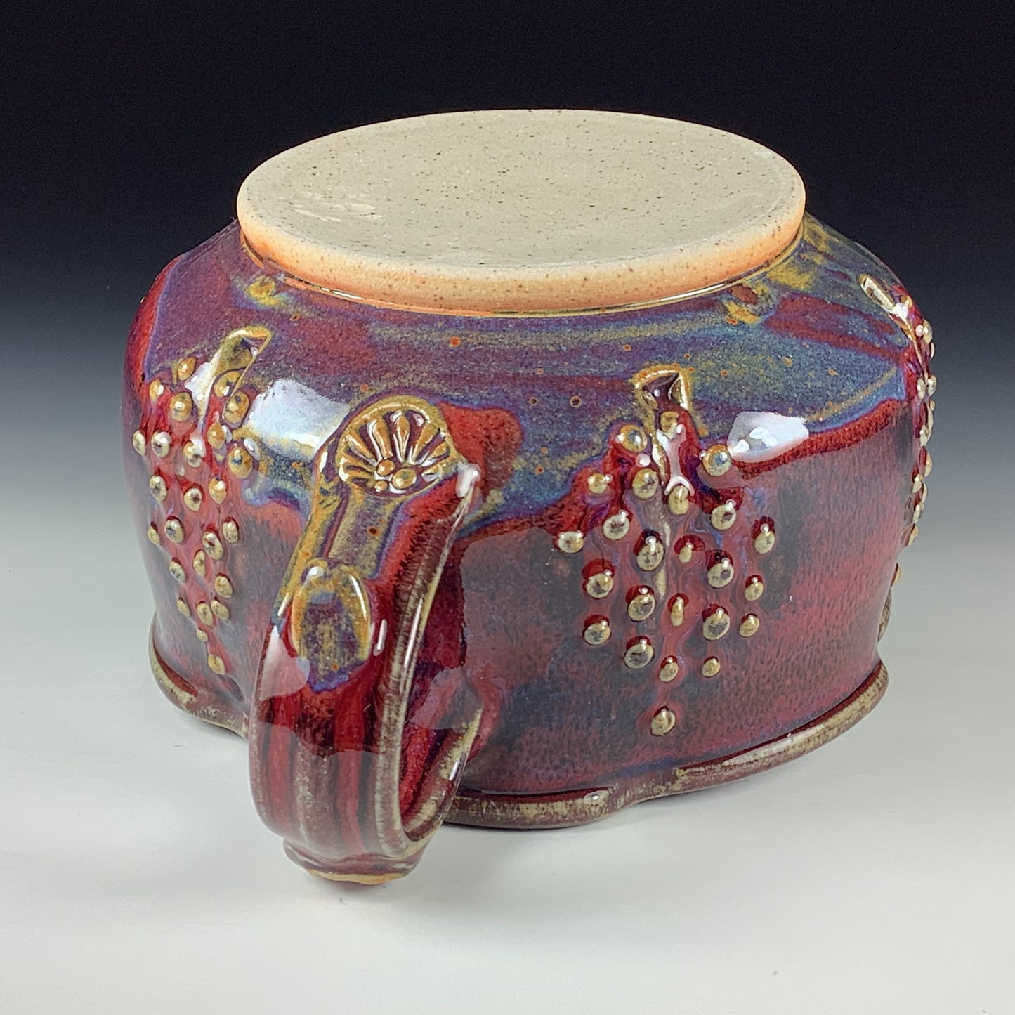 Handmade Ceramic Pottery Bowl with Handle, Slip Dotted Red Purple Glaze
