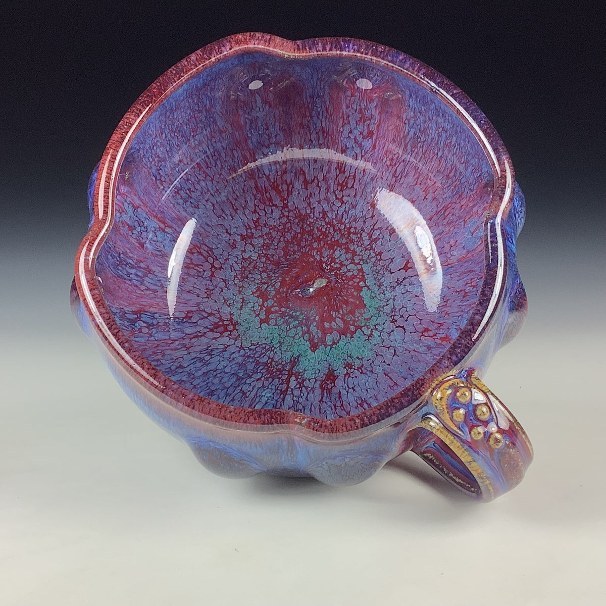 Handmade Ceramic Pottery Bowl with Handle, Red Purple Bump Glaze