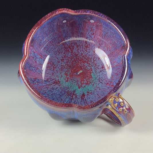Handmade Ceramic Pottery Bowl with Handle, Red Purple Bump Glaze