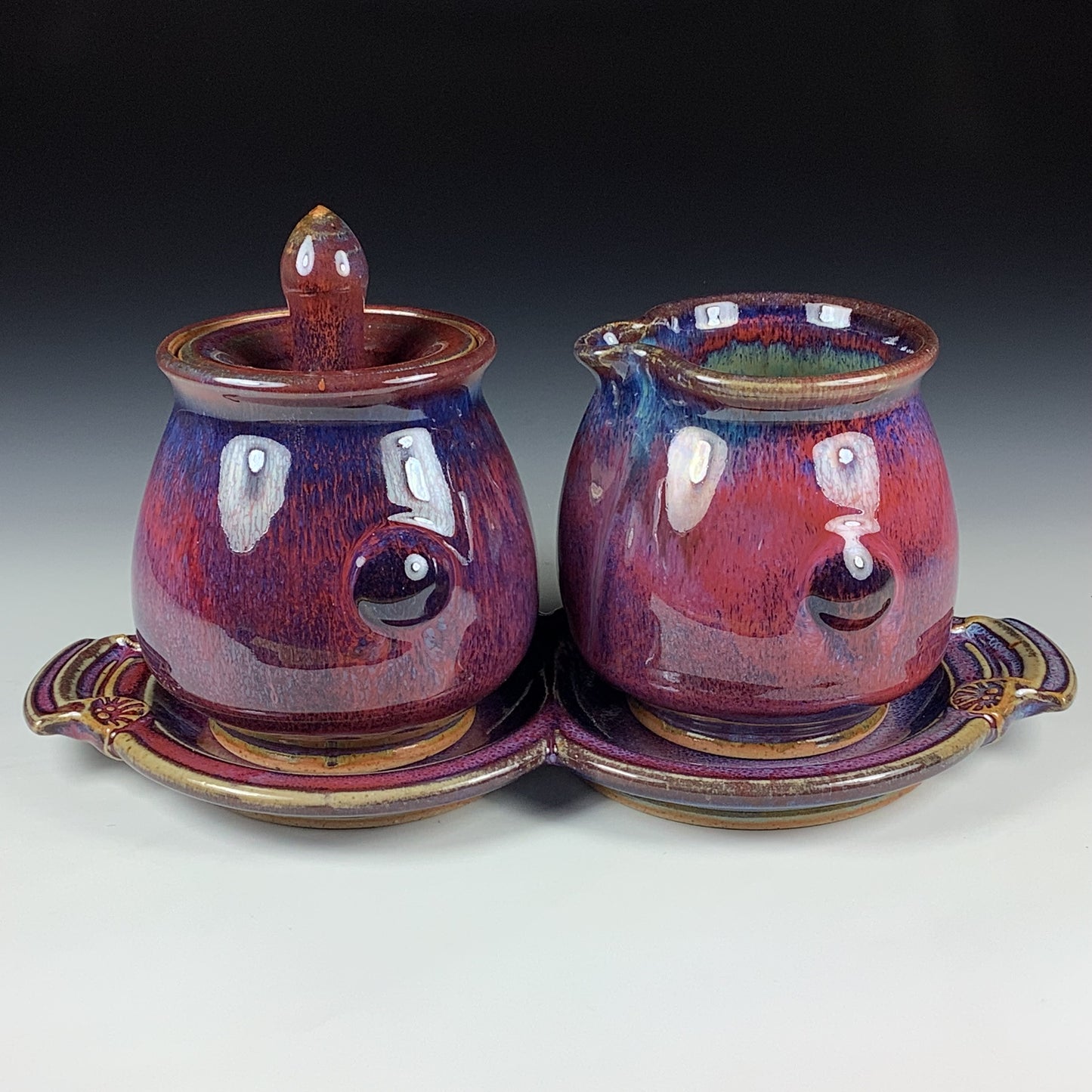 Handmade Stoneware pottery Cream & Sugar Set with Tray, Red Purple Bump Glaze - Item 4067