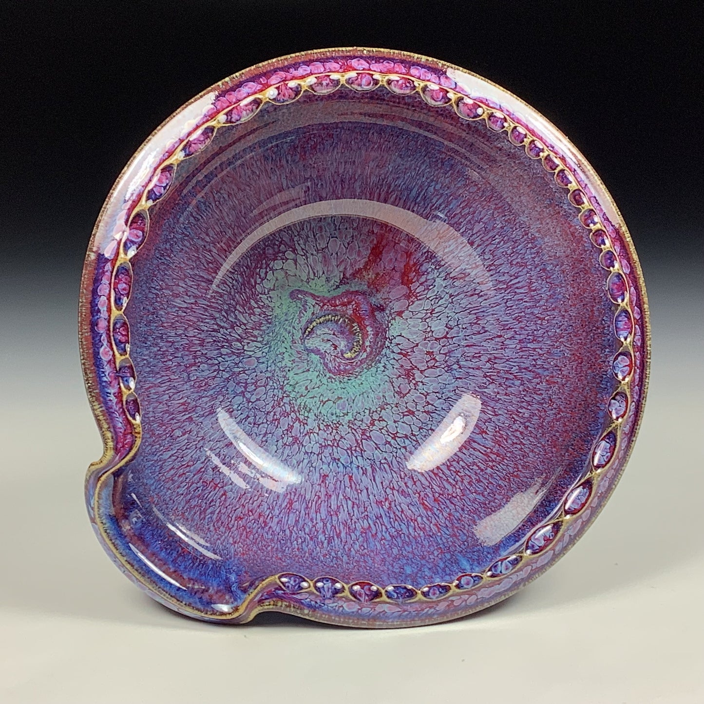 Handmade ceramic deep spoon rest stoneware pottery kitchenware - Purple red dotted rim item 3869