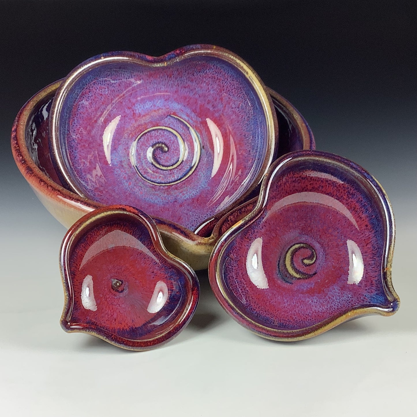 Handmade Ceramic Heart-Shaped Nesting Bowl Set of 4, Red Purple Glaze - Item 4019