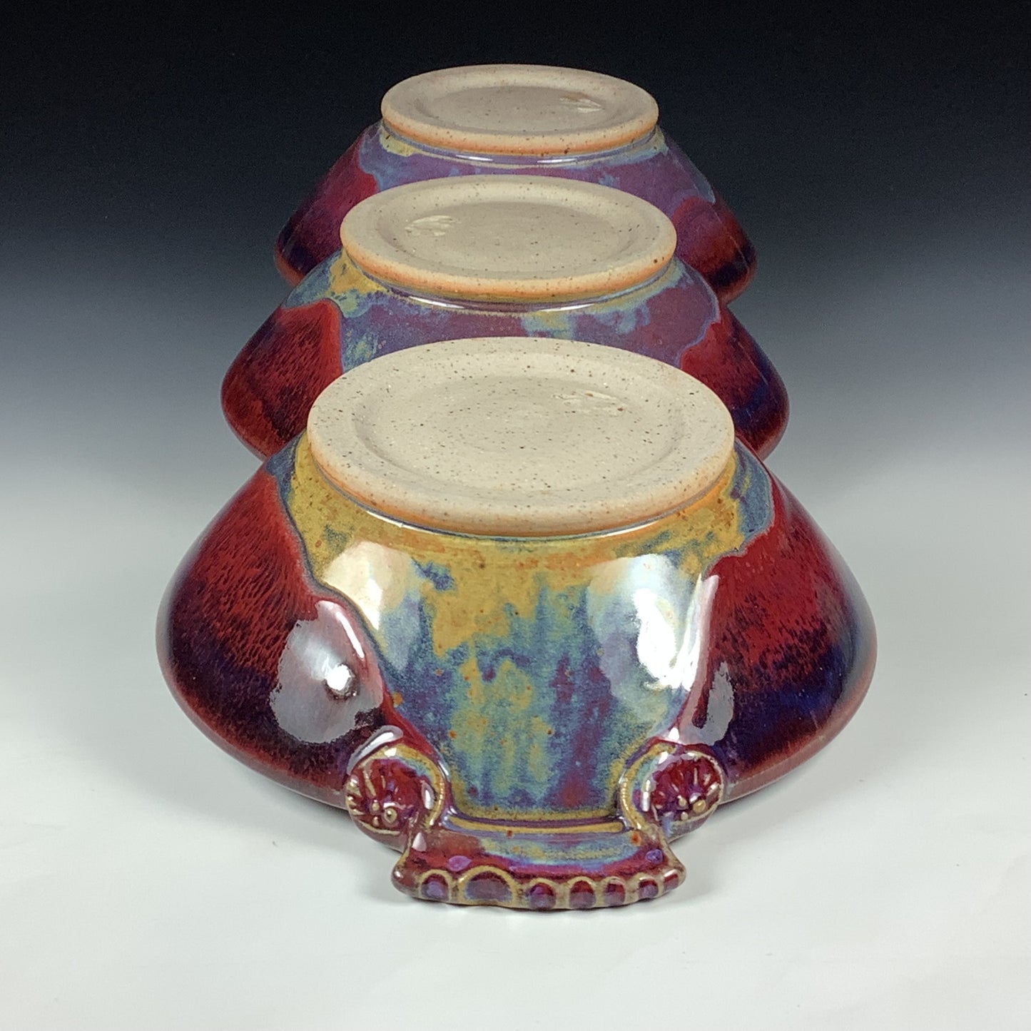 Handmade Ceramic Stoneware Pottery Serving Bowl or Centerpiece - Red Glaze Tri-Bowl with Handles