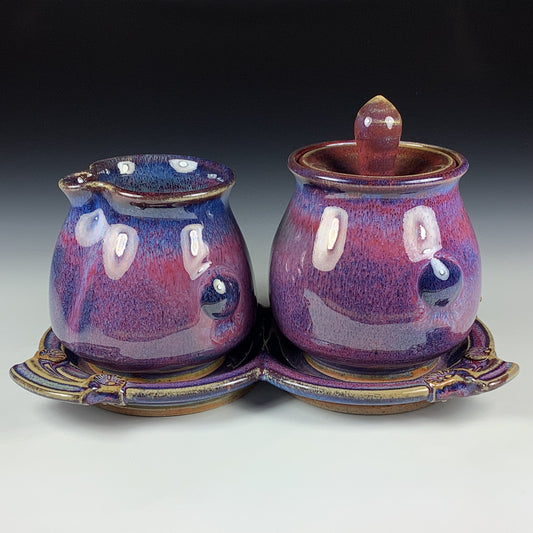 Handmade Stoneware pottery Cream & Sugar Set with Tray, Red Purple Bump Glaze - Item 4069