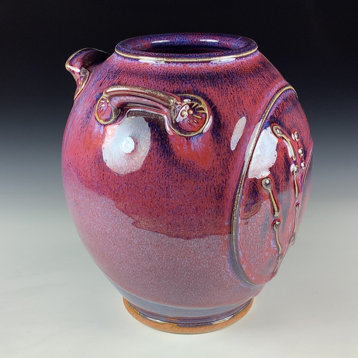 Handmade Stoneware Pottery Slip Trail Bamboo Purple Red Glaze Vase - Item 4090