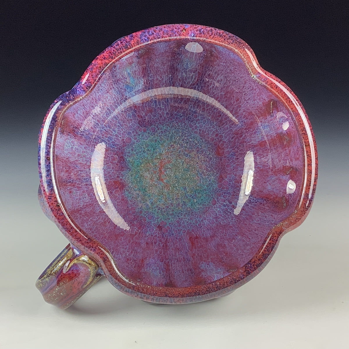 Handmade Ceramic Pottery Bowl with Handle, Red Purple Bump Glaze