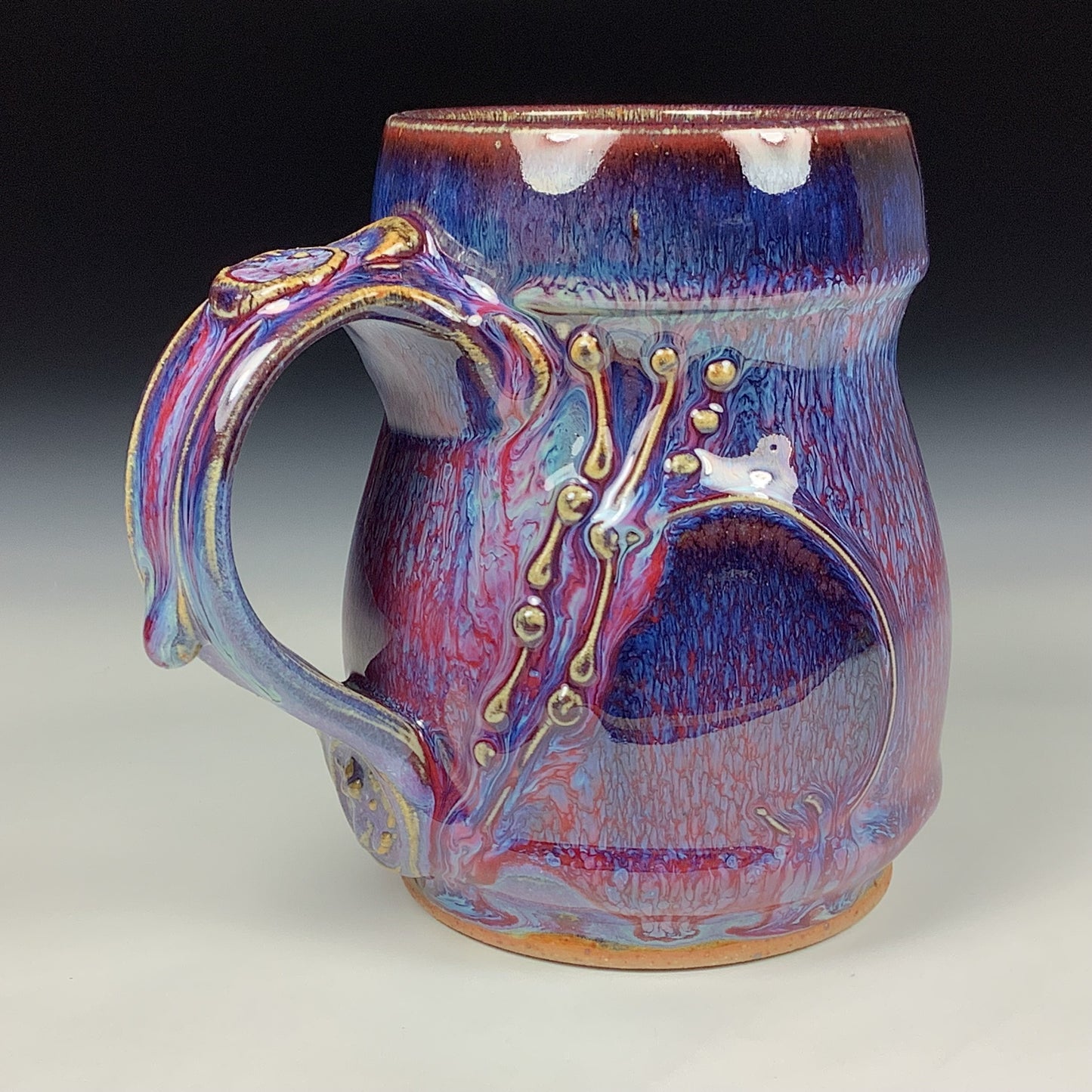Handmade ceramic mugs stoneware coffee mug pottery tea mugs stoneware drinkware - purple red slip trail dot bamboo item  3848