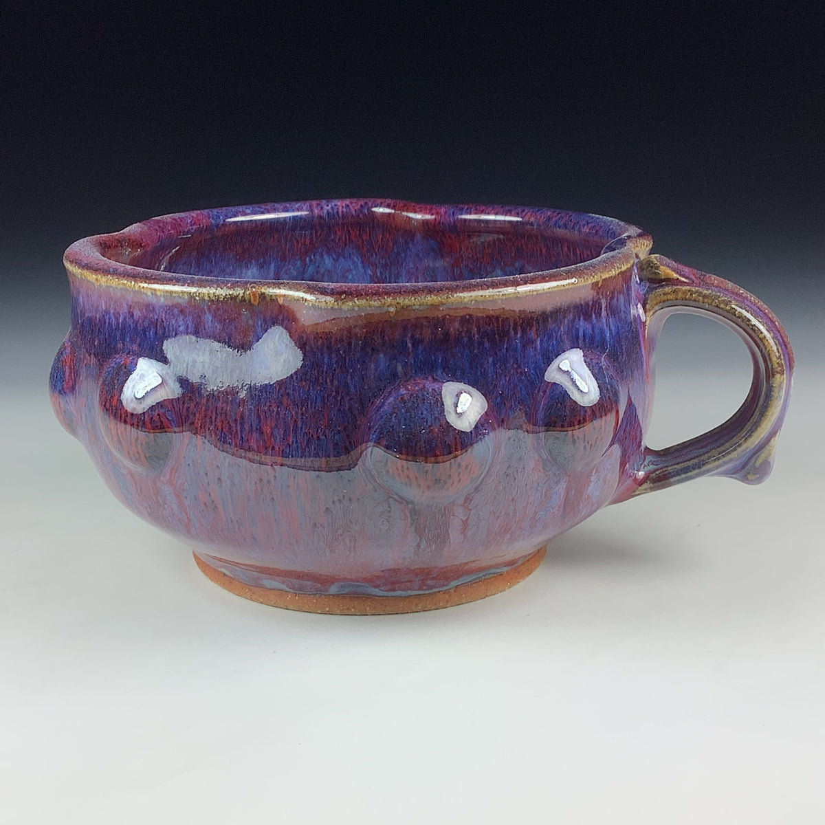 Handmade Ceramic Pottery Bowl with Handle, Red Purple Bump Glaze