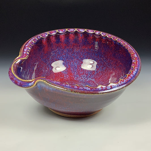 Handmade ceramic deep spoon rest stoneware pottery kitchenware - Deep red dotted rim item 3875