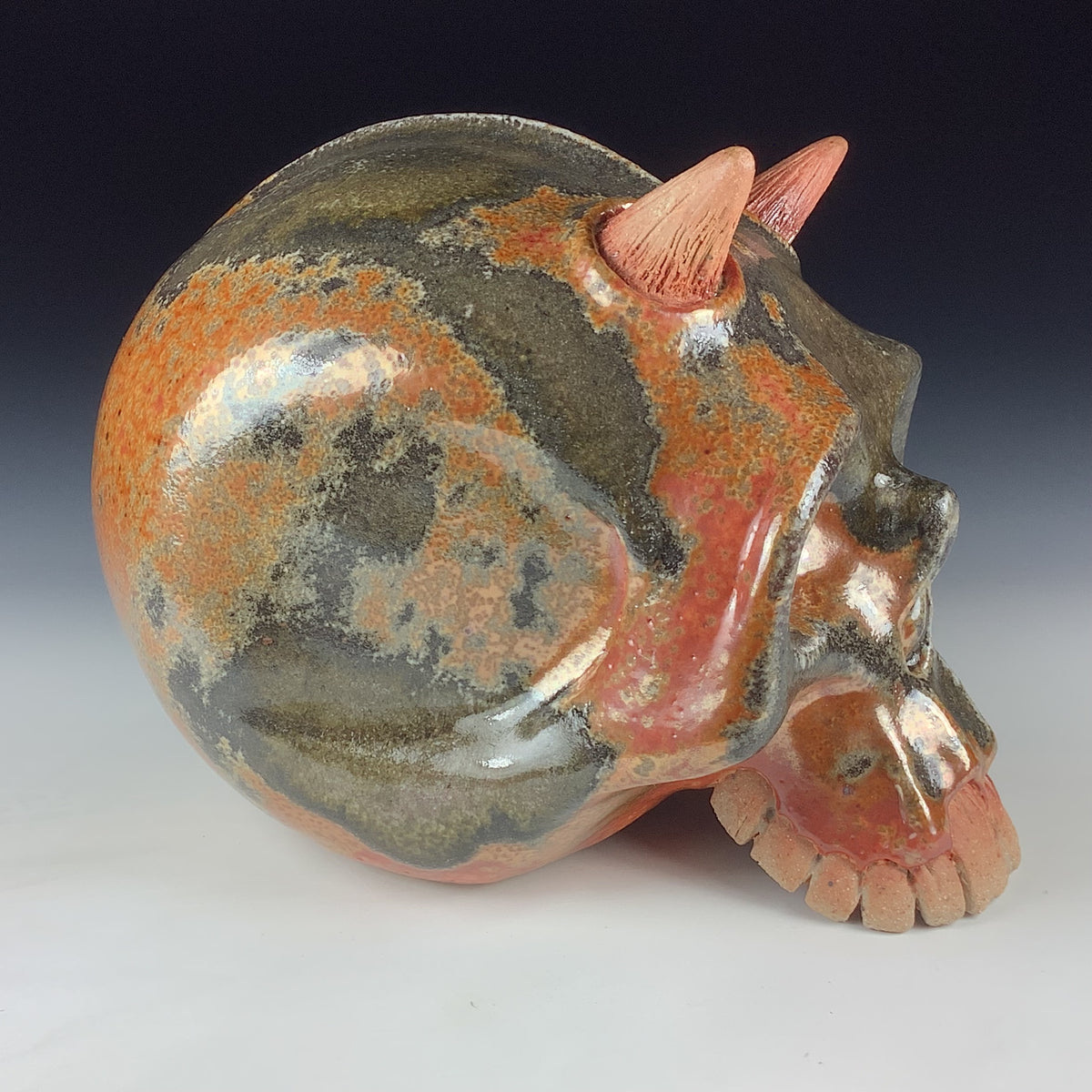 Handmade Shino Orange Ceramic Stoneware Pottery Skull