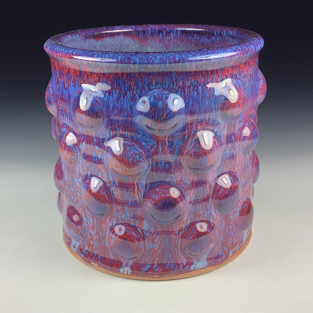 Handmade Stoneware Utensil Holder: Purple Red Glaze Bump Pottery Vase