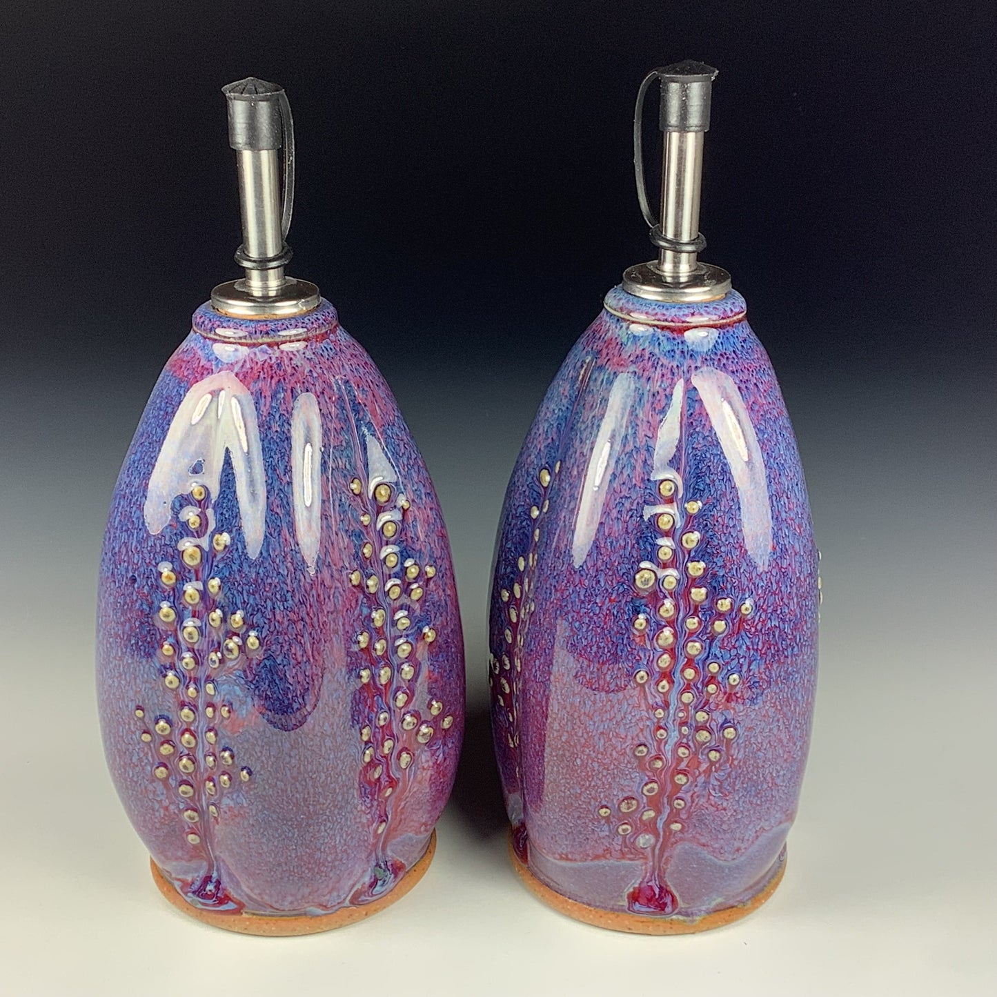 Handmade Ceramic Olive Oil Dispensers, Set of Two: Purple Red Slip Dotted Stoneware Cruet - Item 3953