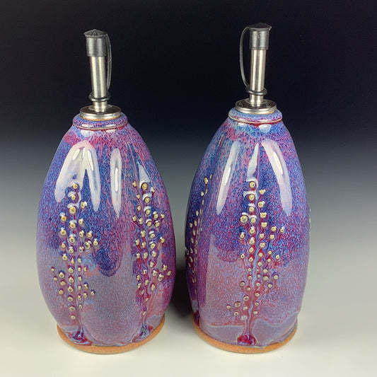 Handmade Ceramic Olive Oil Dispensers, Set of Two: Purple Red Slip Dotted Stoneware Cruet - Item 3953