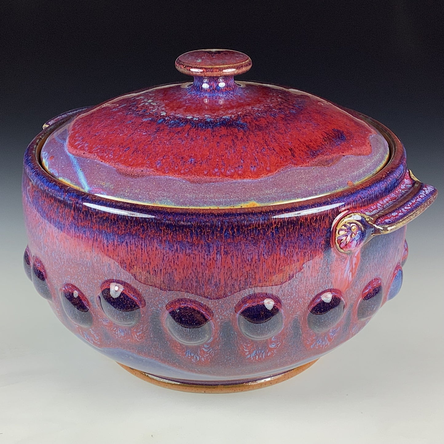 Handmade Stoneware Lidded Vessel: Red Purple Bump Jar - Item 4085