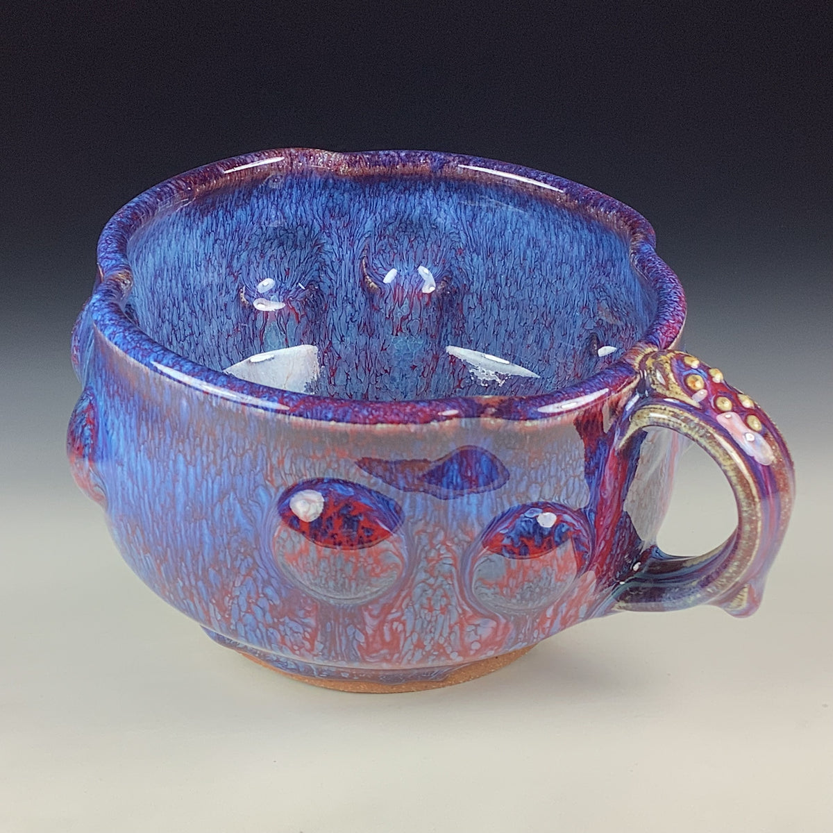 Handmade Ceramic Pottery Bowl with Handle, Red Purple Bump Glaze
