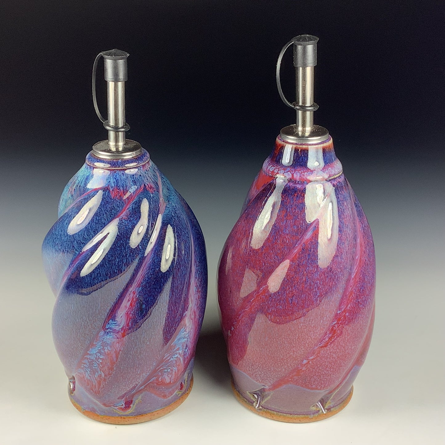 Handmade Ceramic Olive Oil Dispensers, Set of Two: Purple Red Twisty Stoneware Cruet - Item 3950