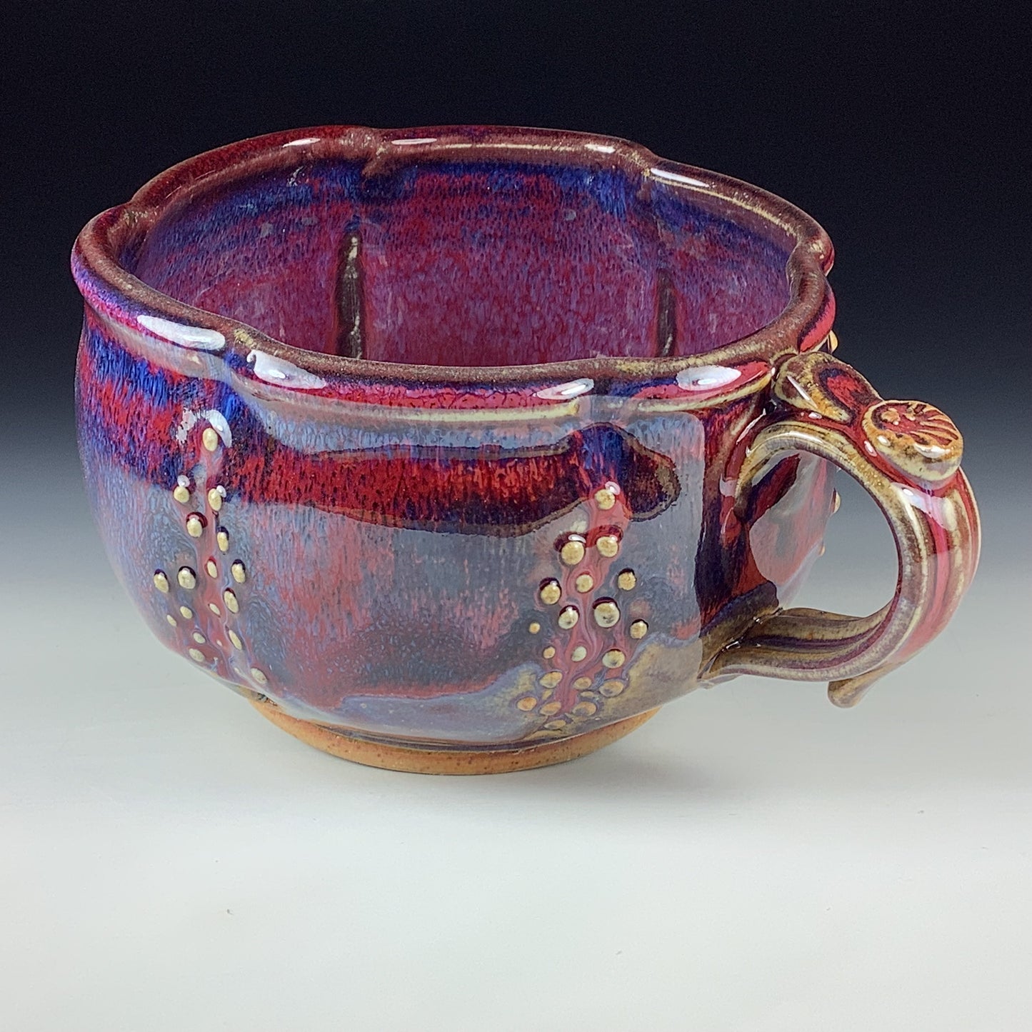 Handmade Ceramic Pottery Bowl with Handle, Slip Dotted Red Purple Glaze