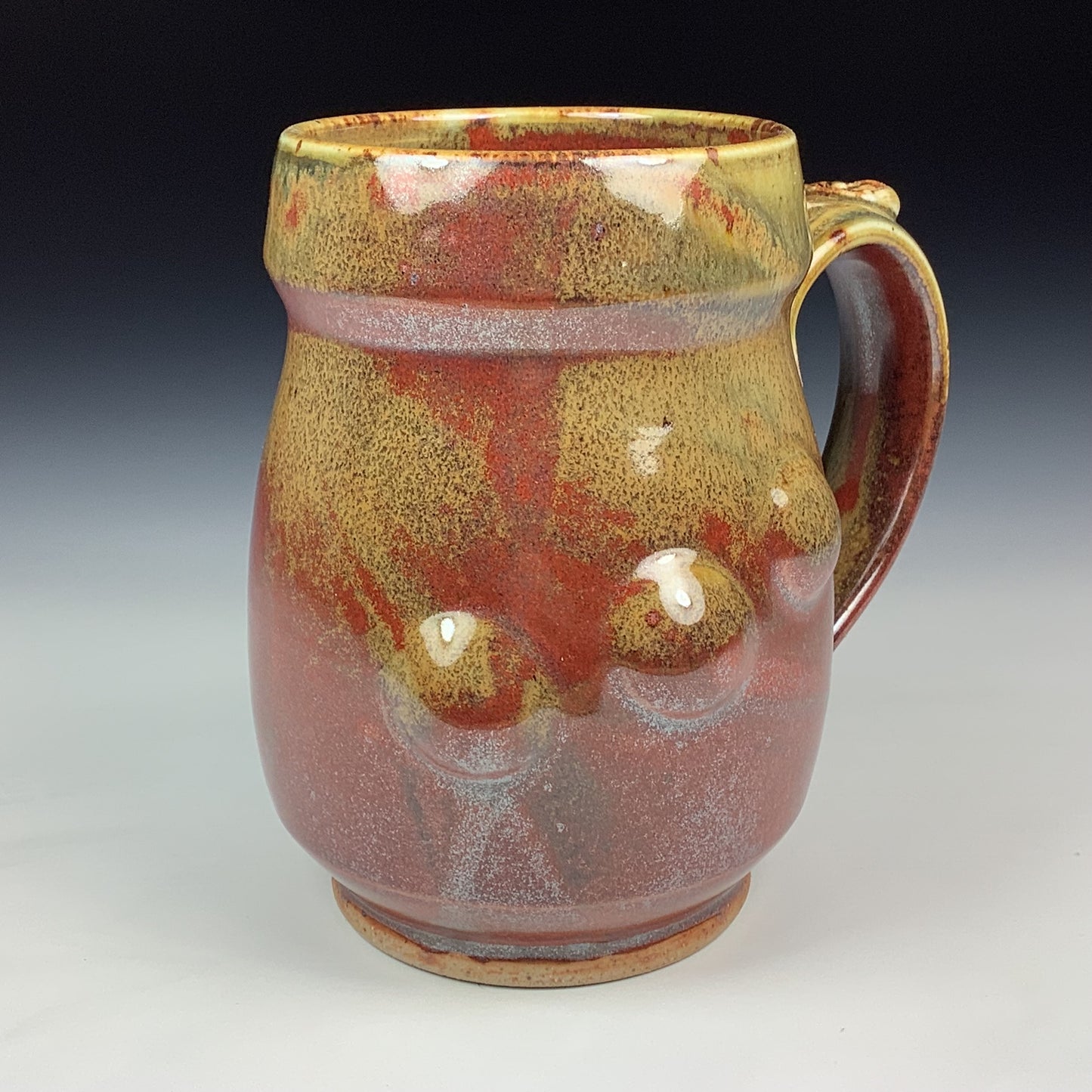 Handmade Stoneware Coffee Mug: Iron Red with White Ash Glaze, Bump Pottery Tea Mug - Mug 3973