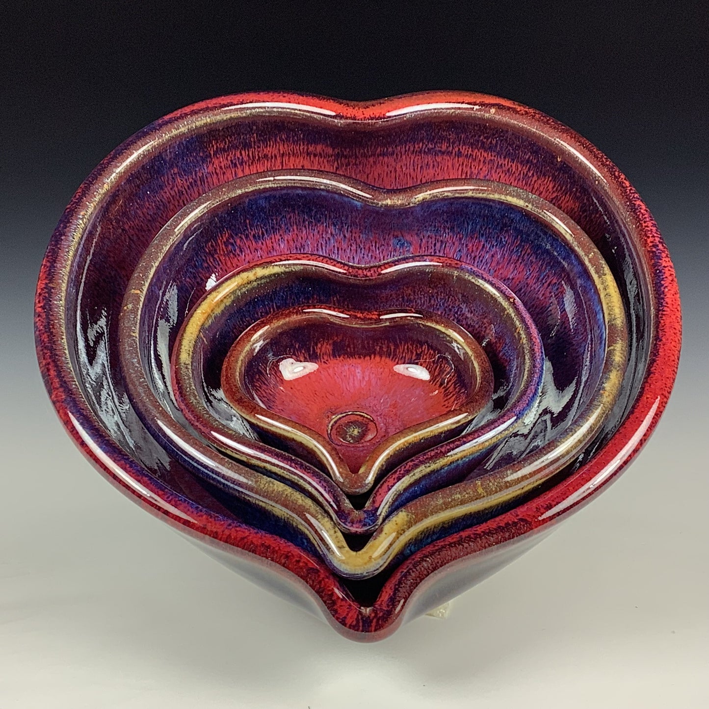 Handmade Ceramic Heart-Shaped Nesting Bowl Set of 4, Red Purple Glaze - Item 4014